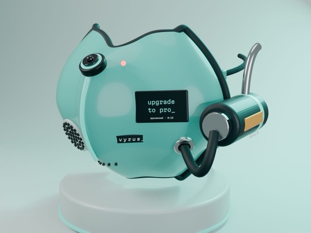 Vyrus mask, three-quarter view, aqua shell with a diesel canister on the side, on a pale display plinth